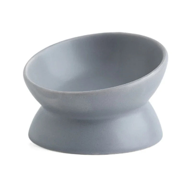 Slate gray ceramic cat bowl with tilted opening, 3/4 view on white background
