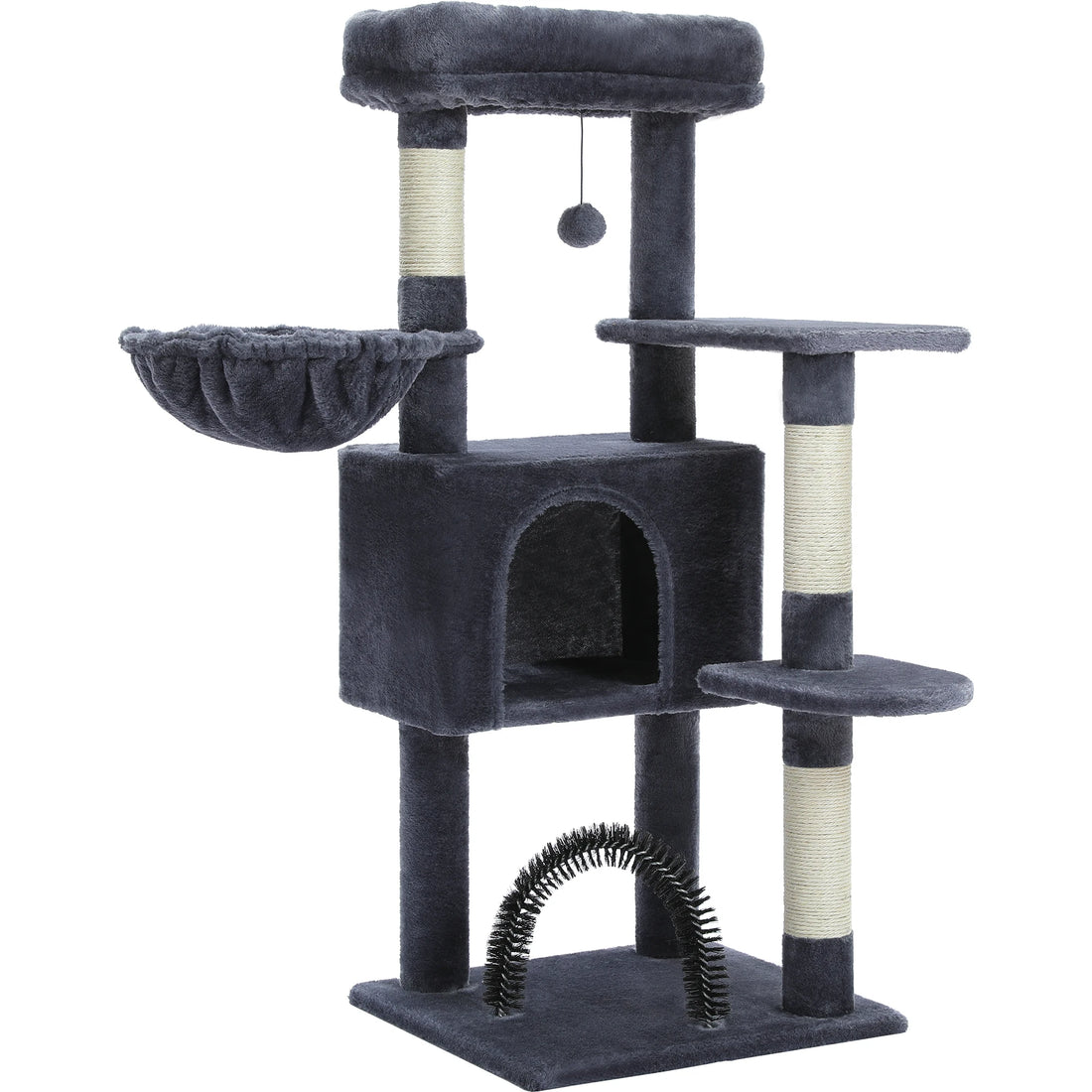 Arbre à chat gris foncé vide sur fond blanc : perchoir, hamac, niche, deux plateformes