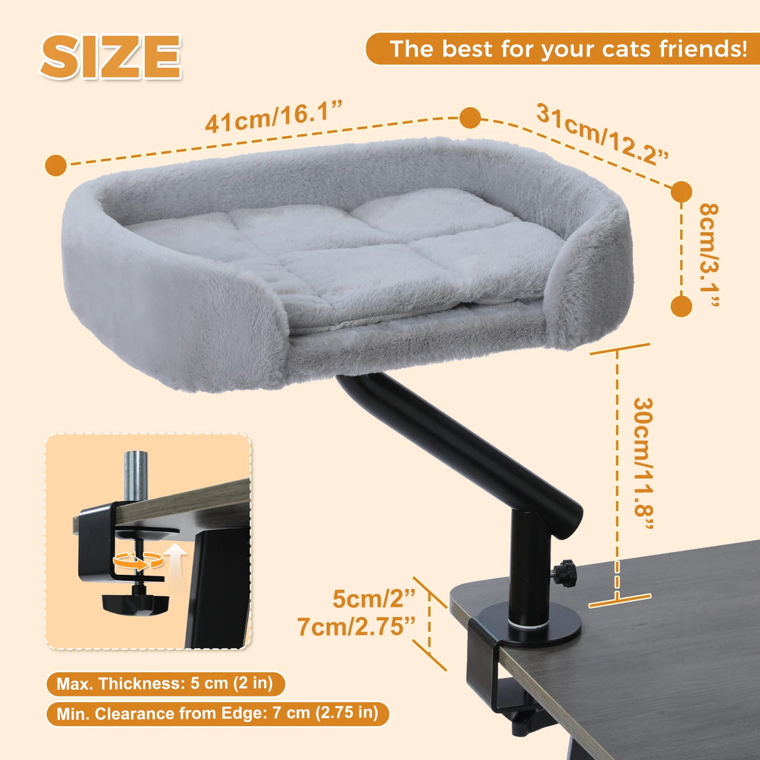 Schéma du perchoir de bureau en peluche grise pour chat : 41 × 31 × 8 cm, bras noir de 30 cm