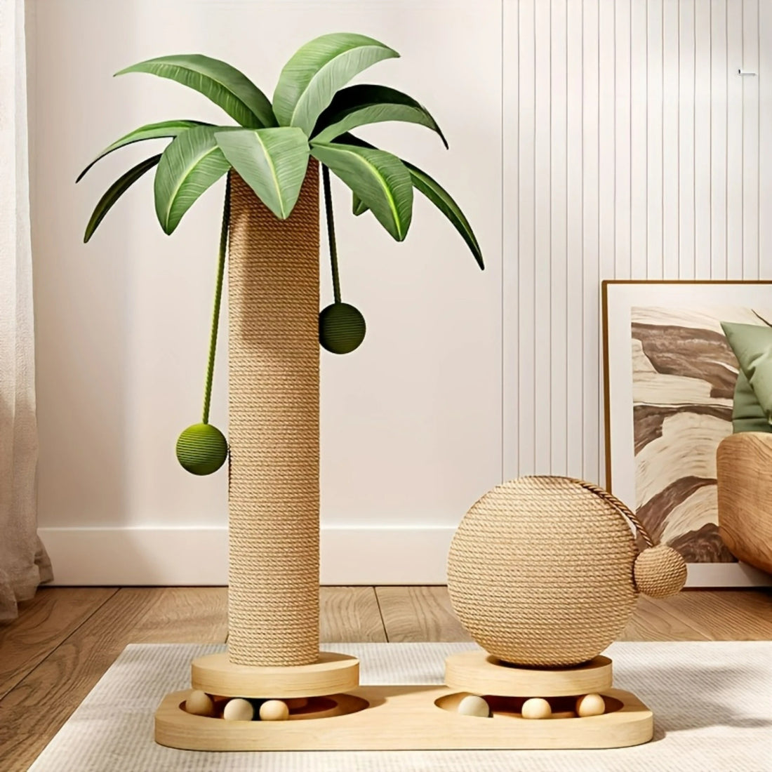 Griffoir cocotier et boule en sisal posés sur un tapis clair dans un salon lumineux