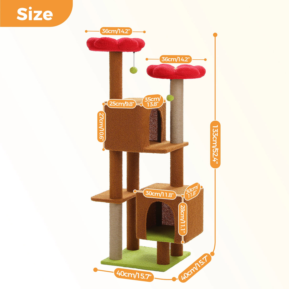 Dimensions du modèle marron à plateaux fleurs rouges : 133 cm de haut, base 40 × 40 cm, niches 30 et 25 cm