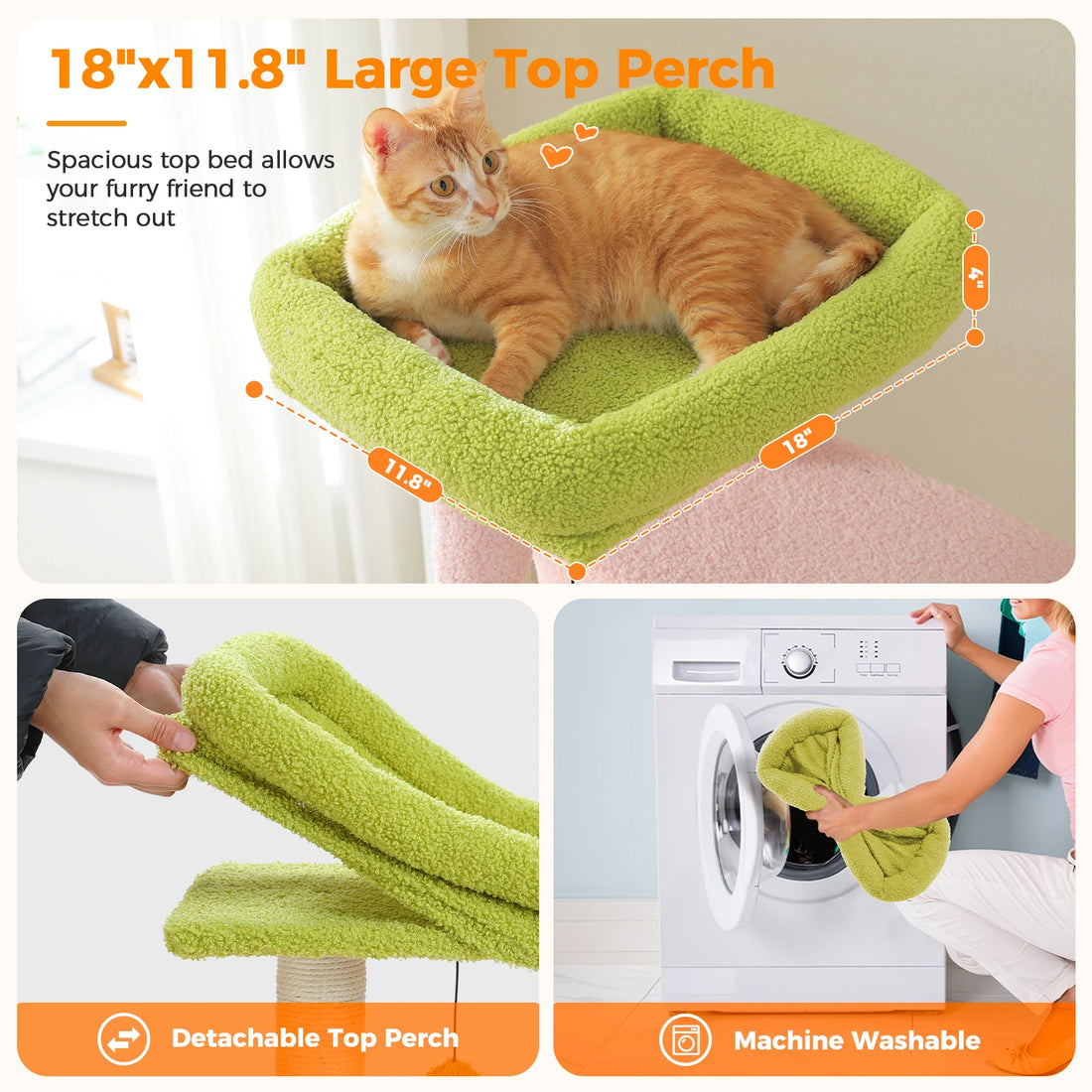 Plateau supérieur vert amovible de 18 × 11,8 pouces avec chat roux allongé, lavable en machine