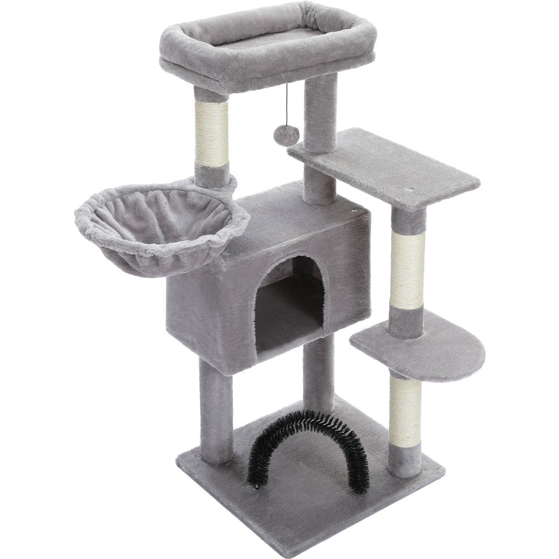 Arbre à chat gris clair sans chat, vu de dessus : perchoir à rebord, hamac, niche