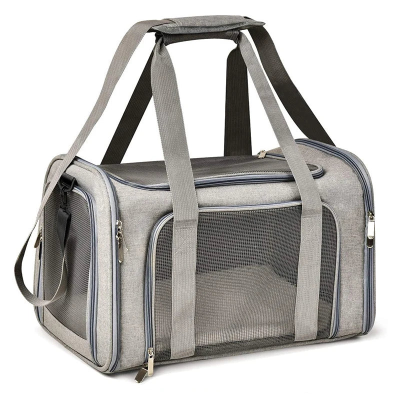 Sac de transport gris chiné pour chat, anses grises, zips dorés et fenêtre en mesh sur le côté