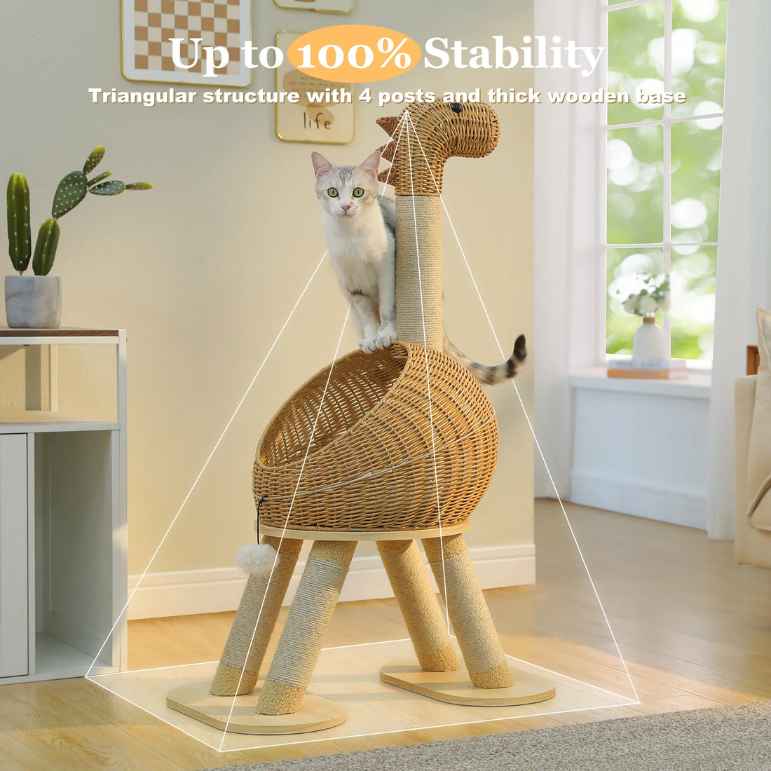 Schéma de stabilité de la tour à chat dinosaure : structure triangulaire à quatre pieds et socle en bois épais