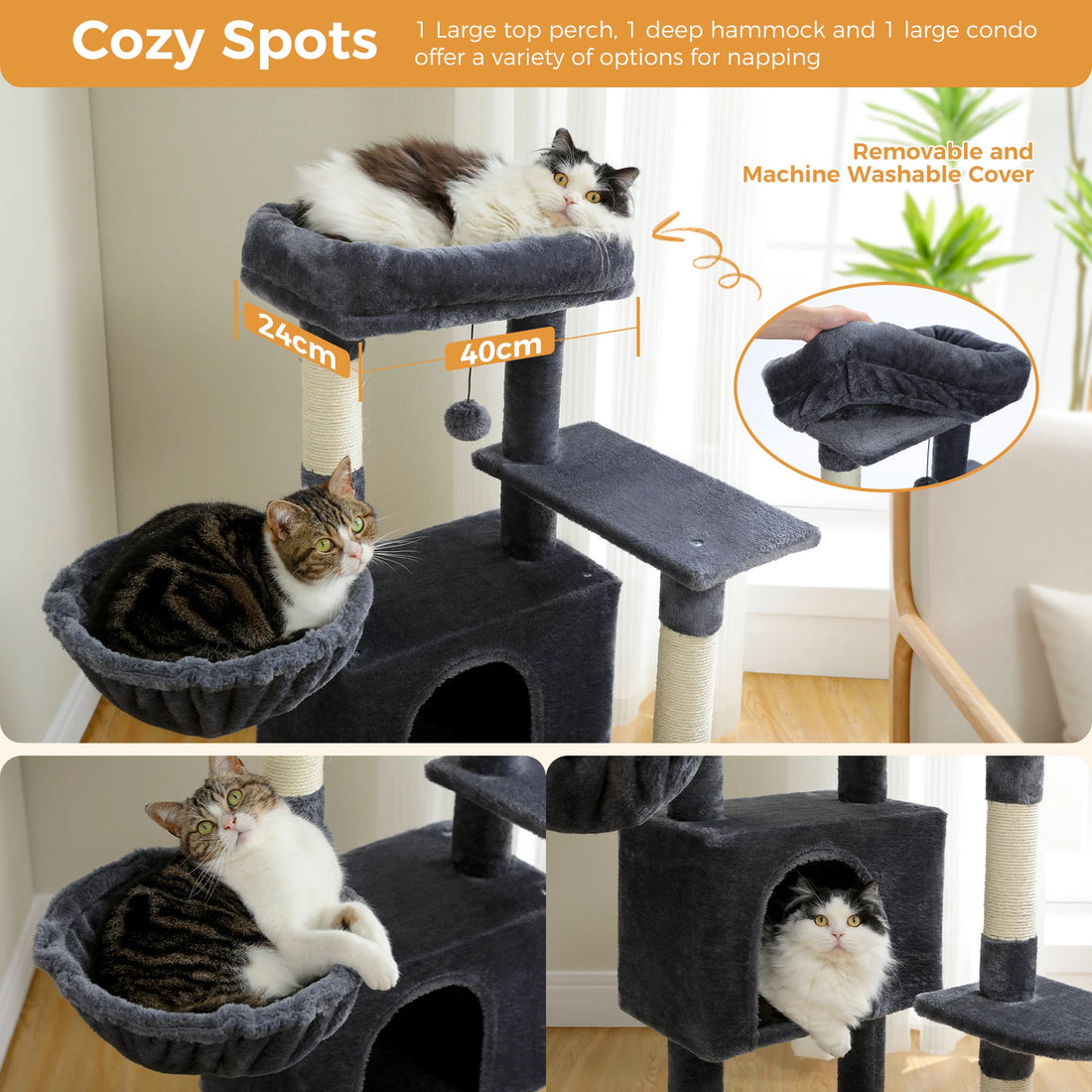 Gros plans sur le plateau 40 × 24 cm, le hamac et la niche de l'arbre à chat gris foncé occupés par trois chats
