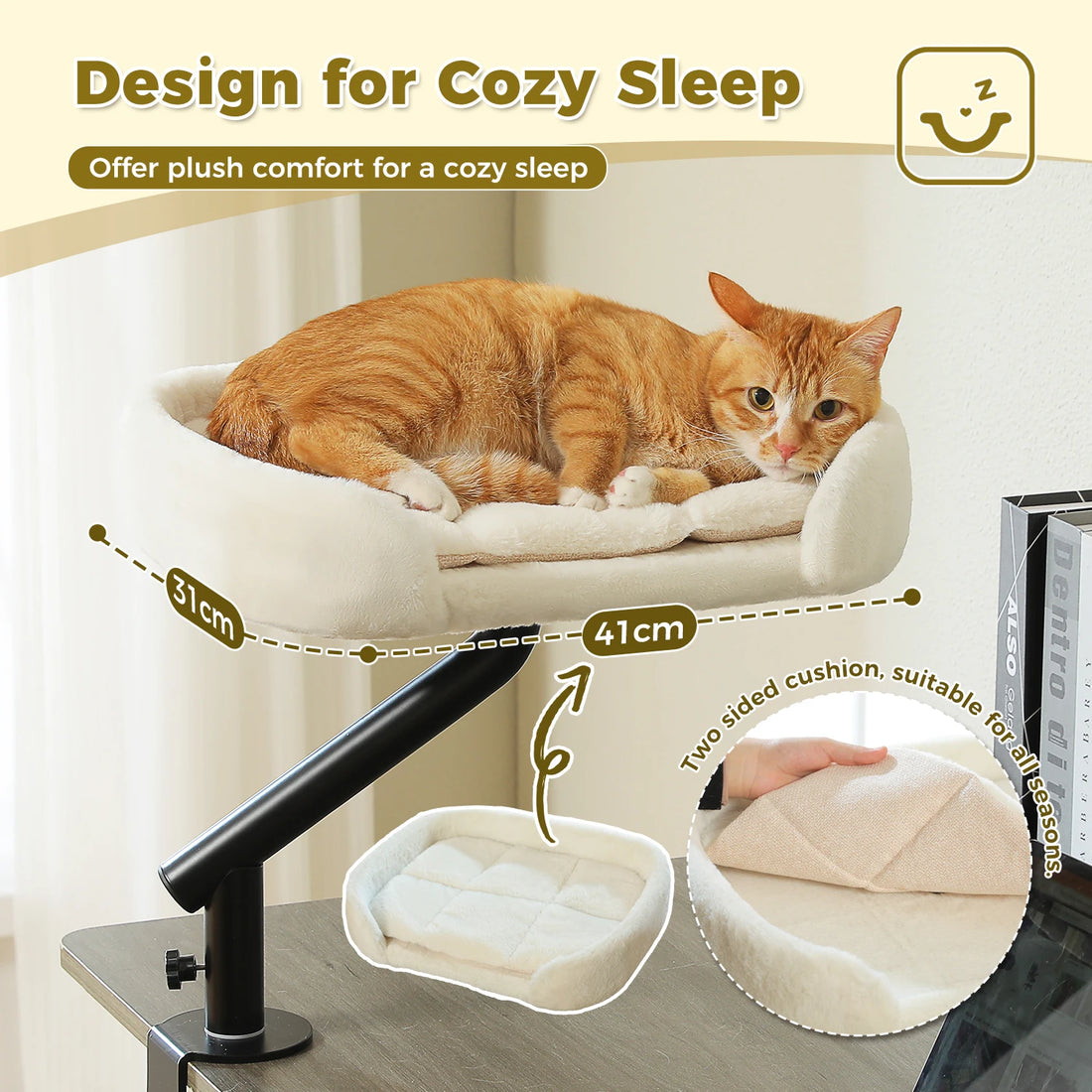 Chat roux allongé sur un lit de bureau crème de 41 × 31 cm, avec gros plan du coussin réversible