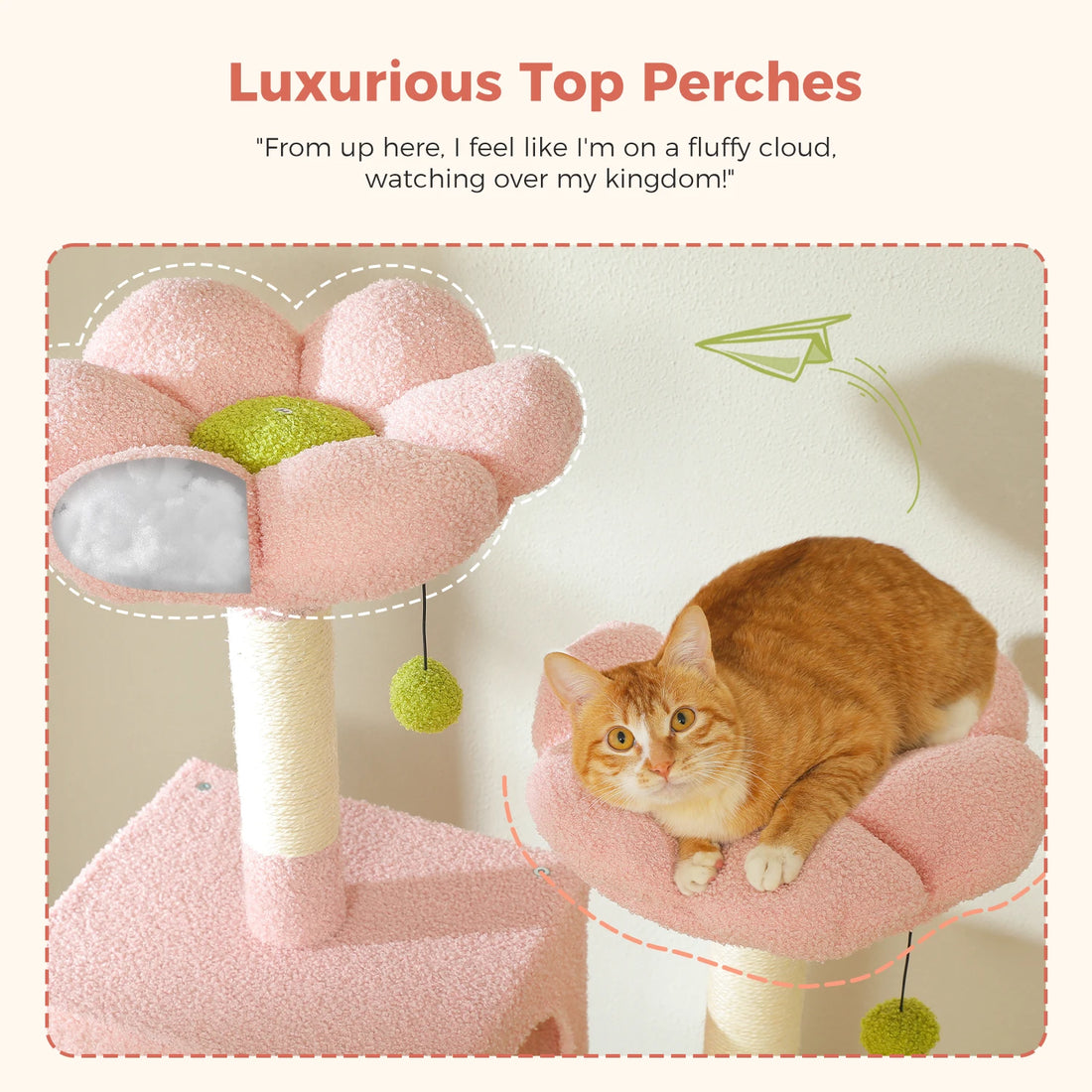 Plateformes de repos en forme de fleur rose pour arbre à chat, avec chat roux couché et pompons verts suspendus