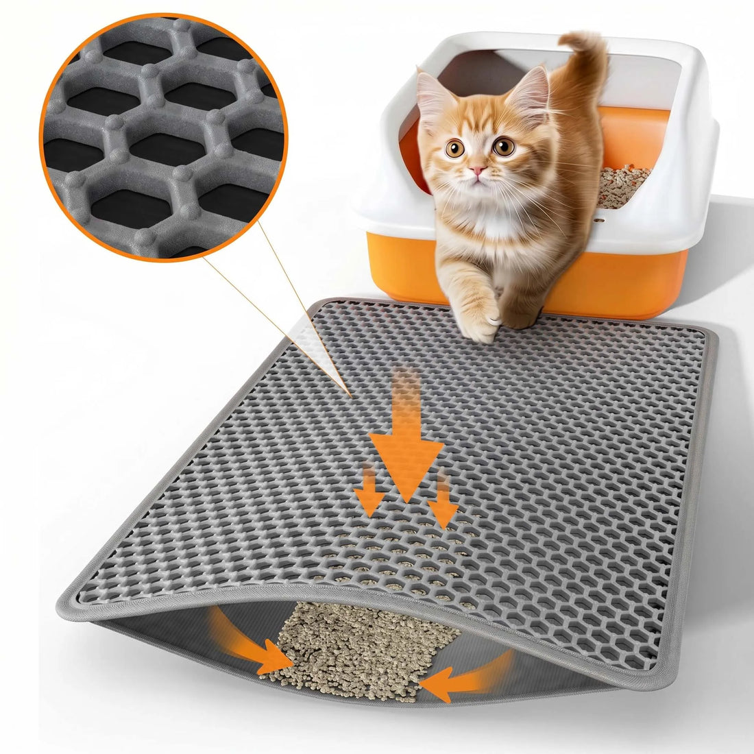 Chaton roux sortant d'un bac orange et blanc, tapis gris à grandes alvéoles hexagonales et flèches