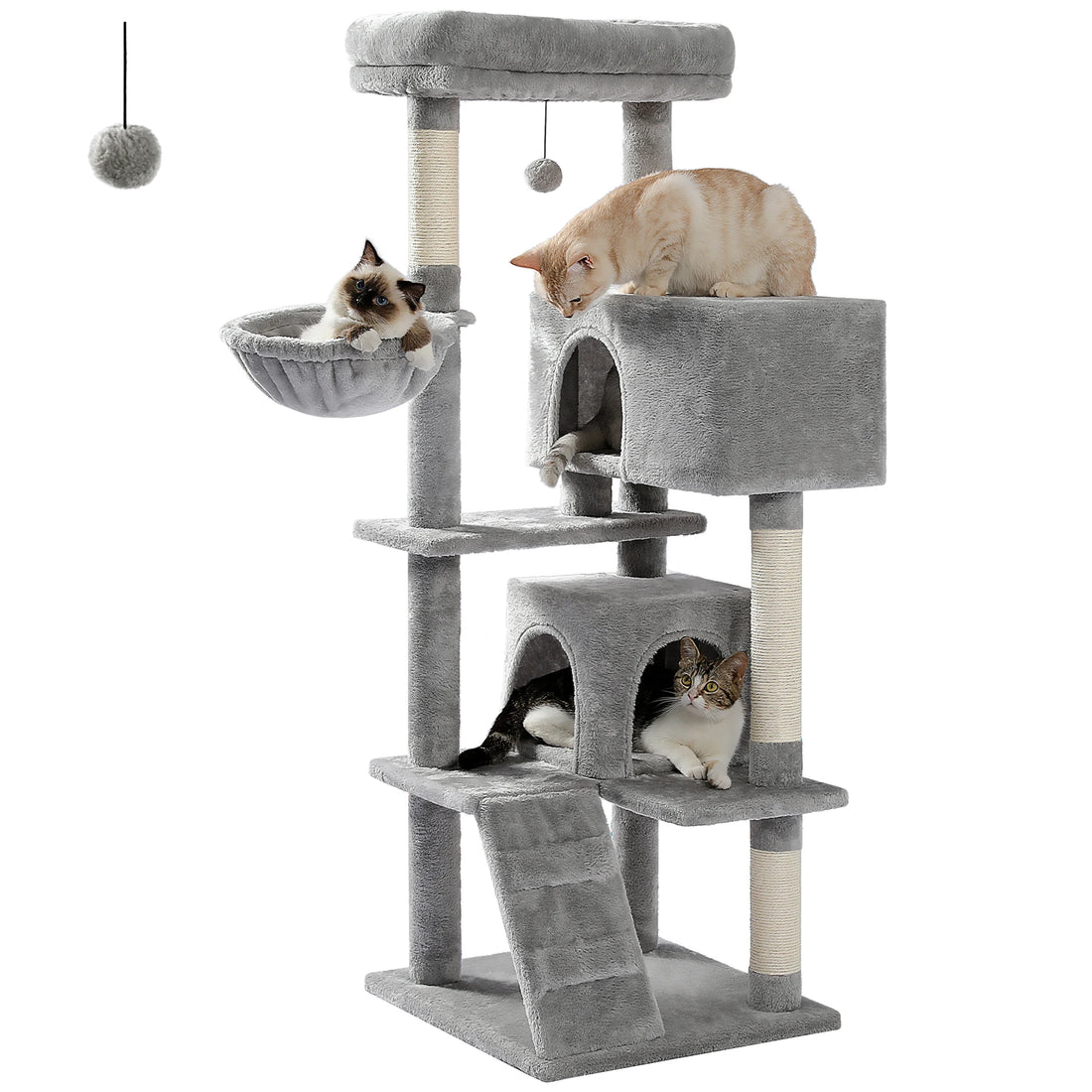 Tour à chat gris clair détourée : chat roux sur la grande niche, siamois dans le hamac