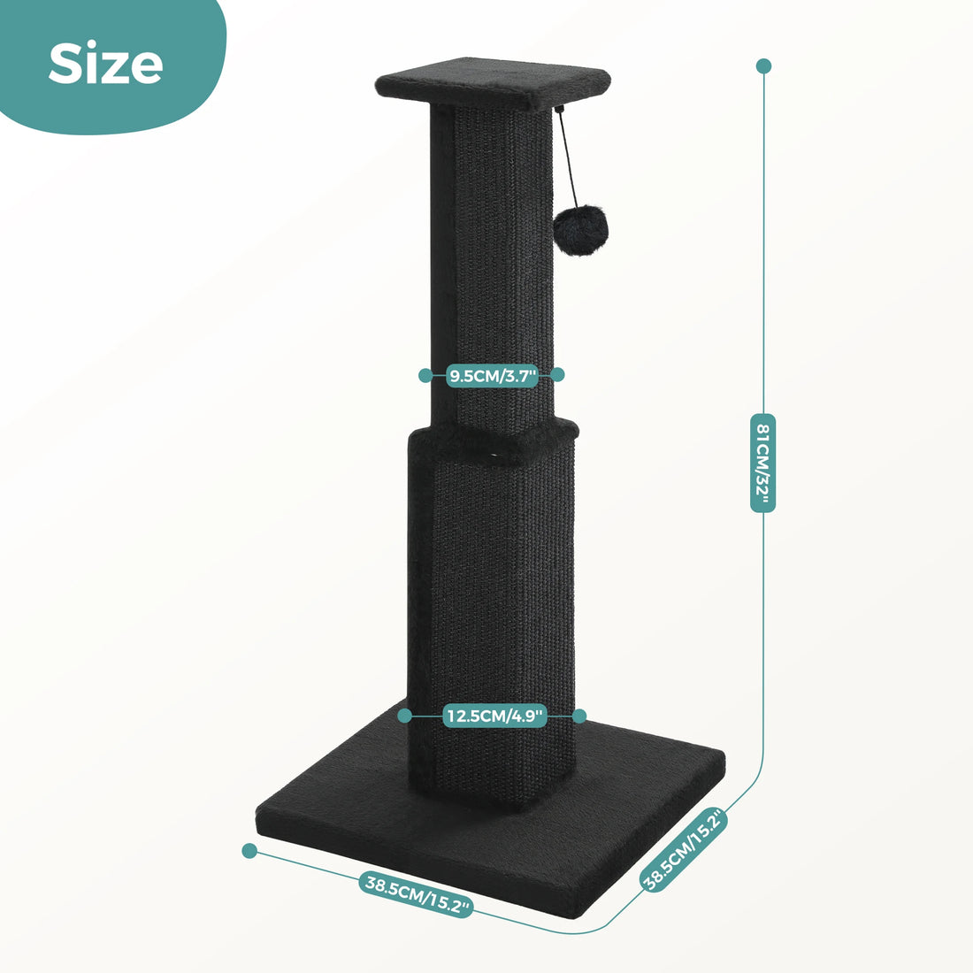 Schéma des dimensions du griffoir noir : 81 cm de haut, socle 38,5 × 38,5 cm, colonnes de 9,5 et 12,5 cm