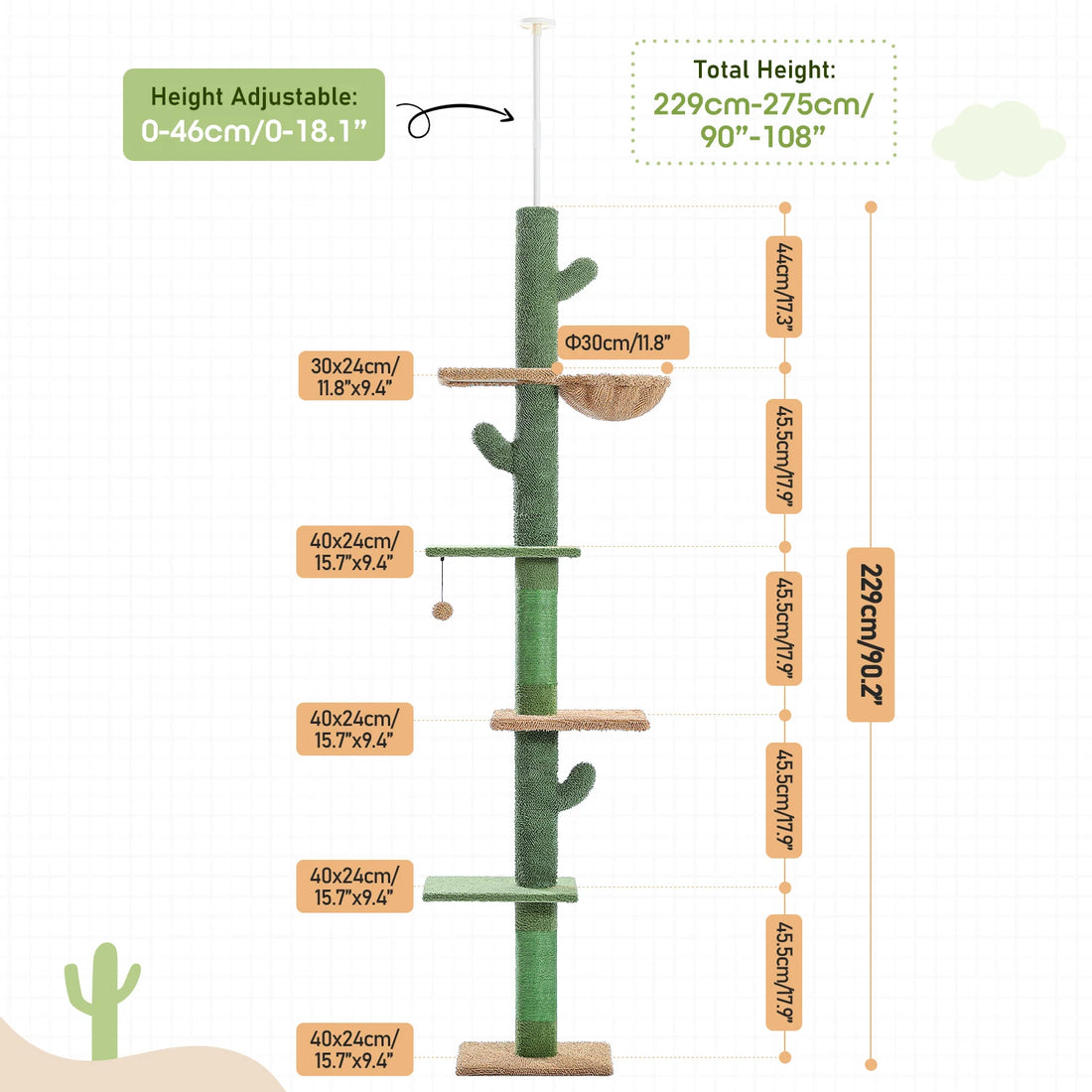 Schéma des cotes du poteau à chat cactus : hauteur 229 à 275 cm, plateformes 40 × 24 cm, hamac Ø 30 cm, 45