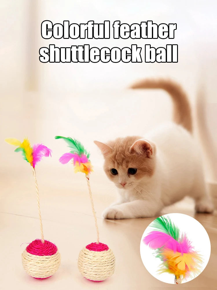 Bannière sur les plumes colorées : deux balles en sisal sur tige et chaton blanc et roux curieux