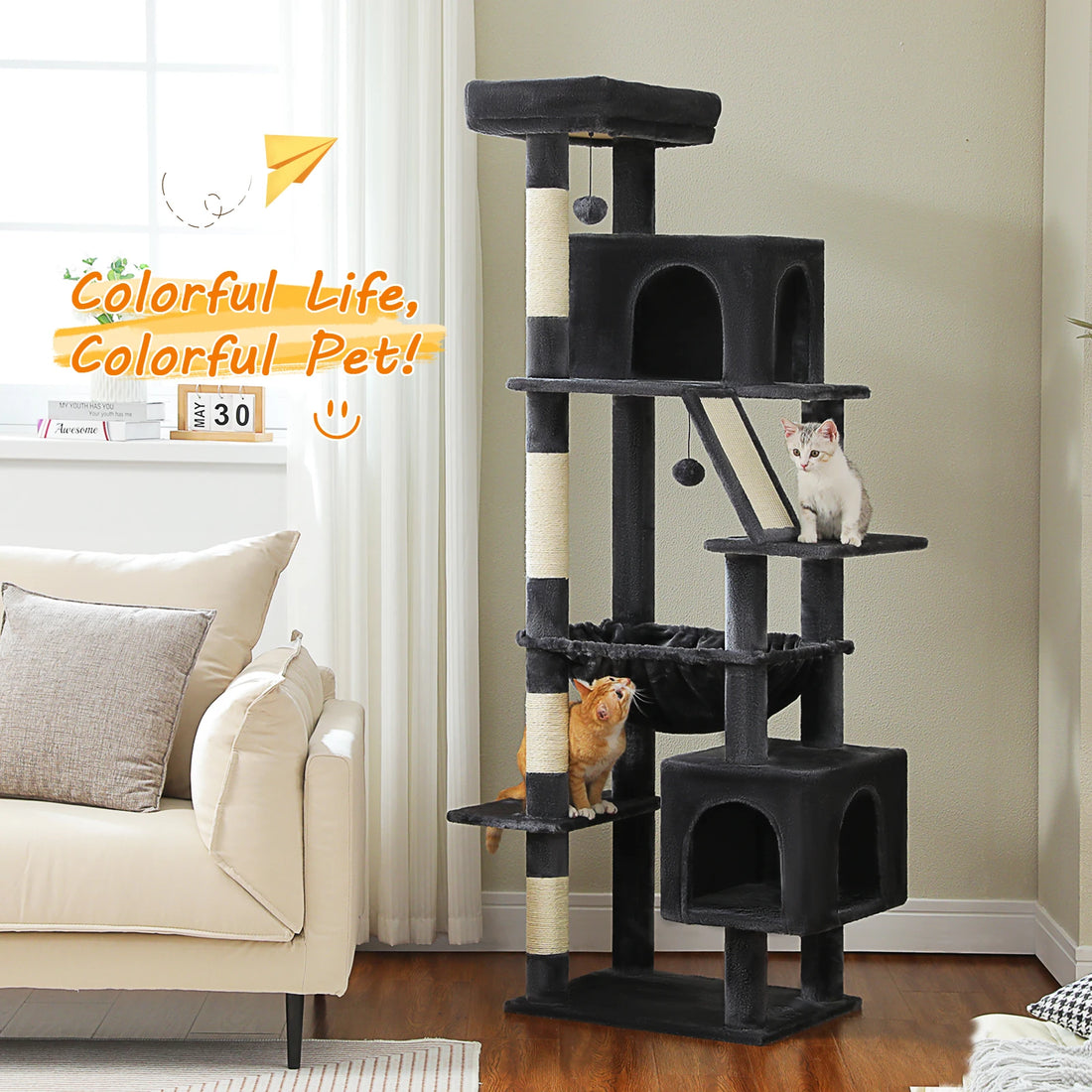 Arbre à chat noir charbon dans un salon lumineux, chat roux dressé contre un poteau en sisal et chaton gris sur la plateforme