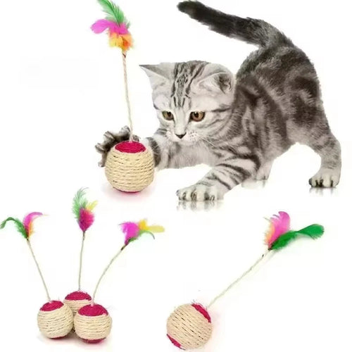 Chaton tigré gris qui joue avec une balle en sisal à plumes colorées, trois autres modèles en dessous