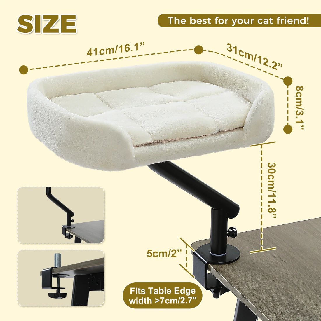 Schéma des dimensions du lit de bureau crème pour chat : 41 × 31 × 8 cm, hauteur du bras 30 cm