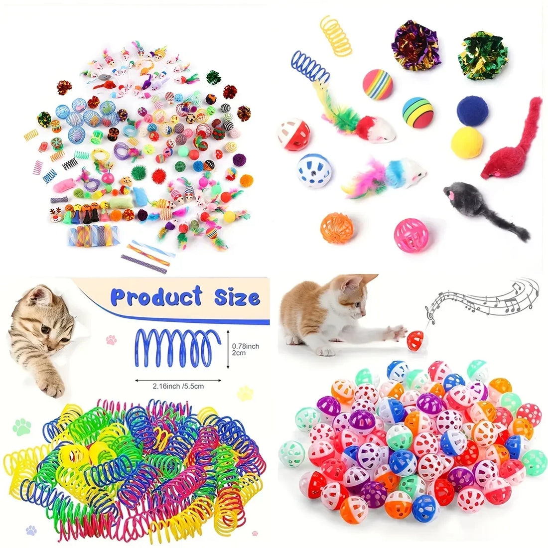 Collage de l'assortiment complet : souris, balles arc-en-ciel, boules de papier brillant, ressorts et balles à grelot