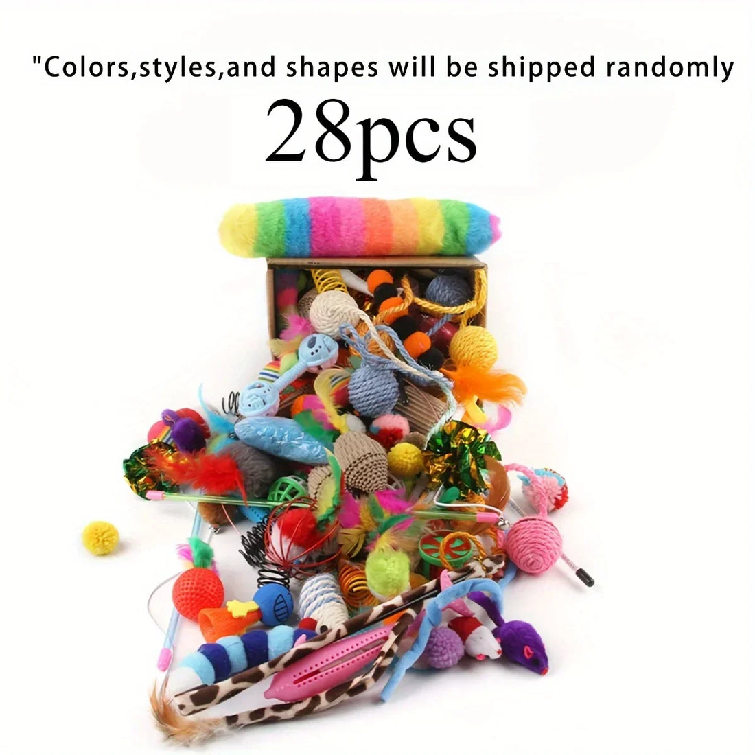 Lot de 28 pièces : peluche arc-en-ciel au-dessus d'un carton et jouets en sisal, plumes, pompons et souris éparpillés