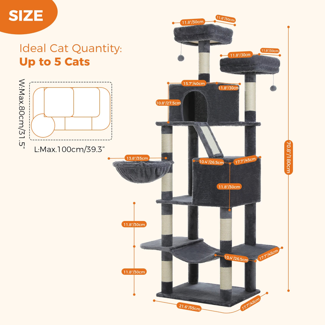 Schéma des dimensions de la tour à chat gris foncé : hauteur 180 cm, base 55 × 45 cm, niche 40 × 30 cm, panier 35 cm