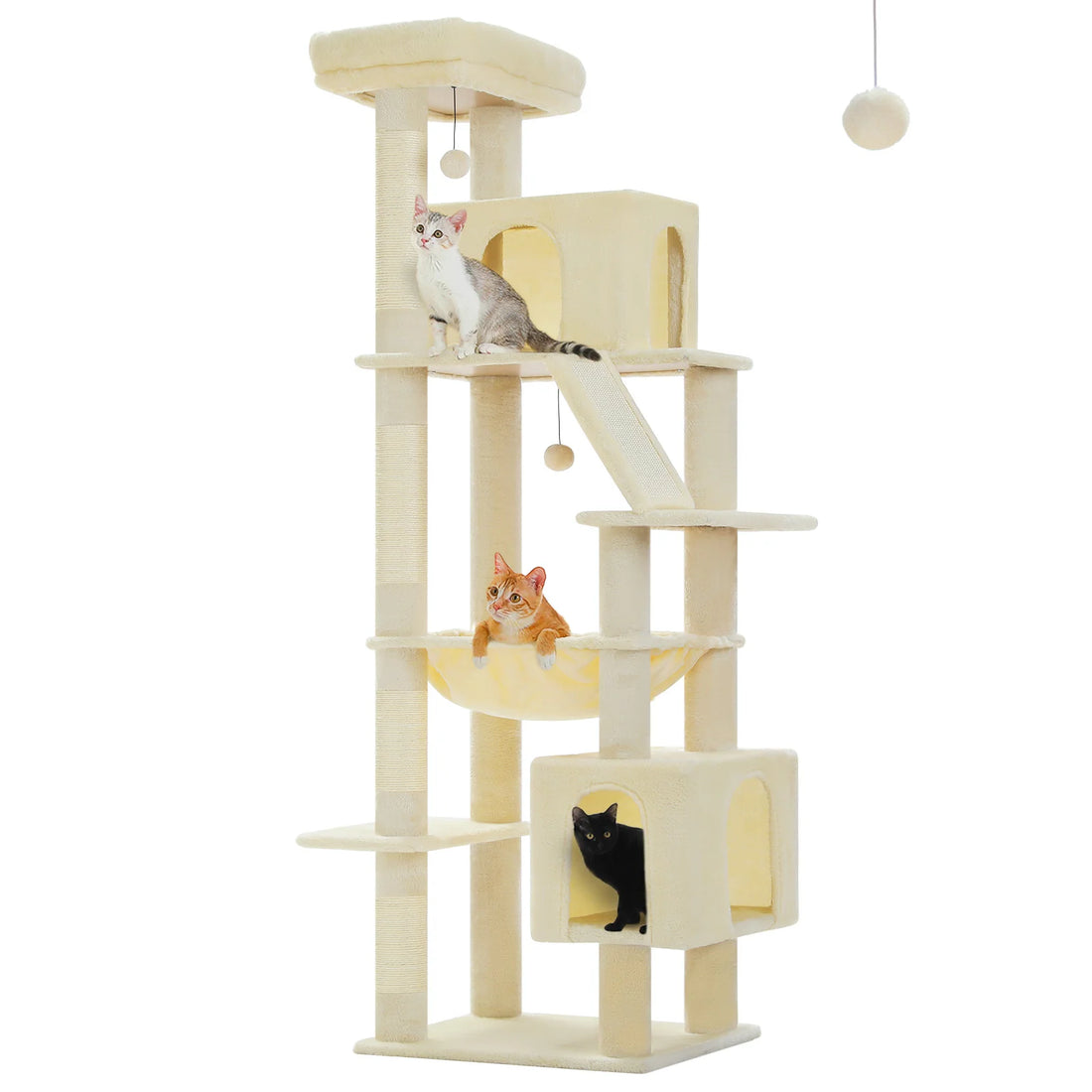Arbre à chat crème avec chaton gris et blanc à l'étage du haut