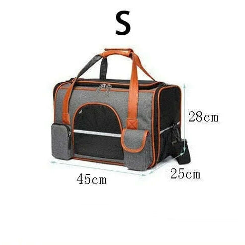 Schéma des dimensions du sac de transport pour chat taille S : 45 cm de long, 25 cm de large et 28 cm de haut