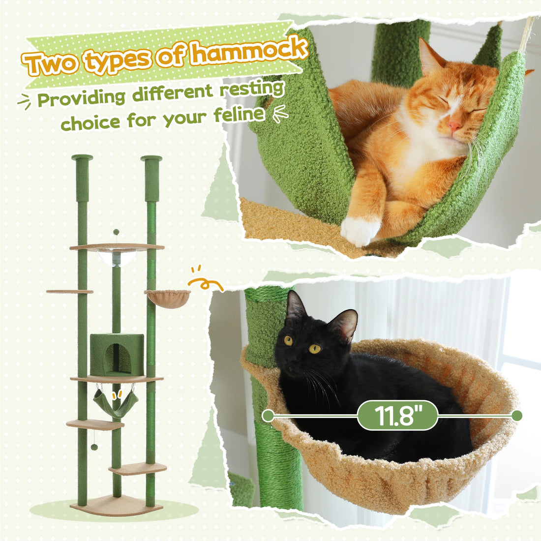 Deux types de hamacs d'un arbre à chat vert : chat roux dans le hamac bouclé, chat noir dans le panier beige de 11