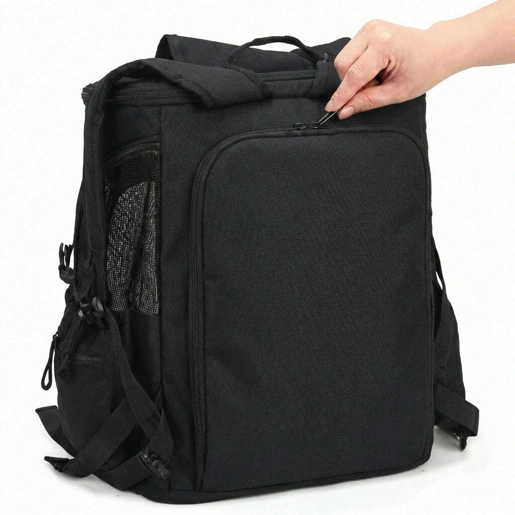 Sac à dos noir vu de dos, poche zippée fermée par une main, bretelles et poche latérale en filet