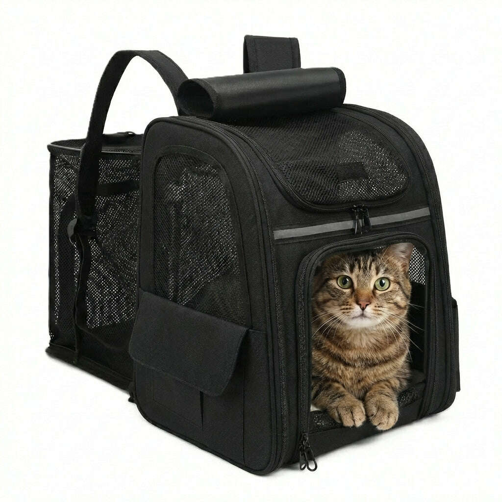Chat tigré aux yeux verts dans un sac à dos noir aéré, installé à l'entrée de la poche frontale