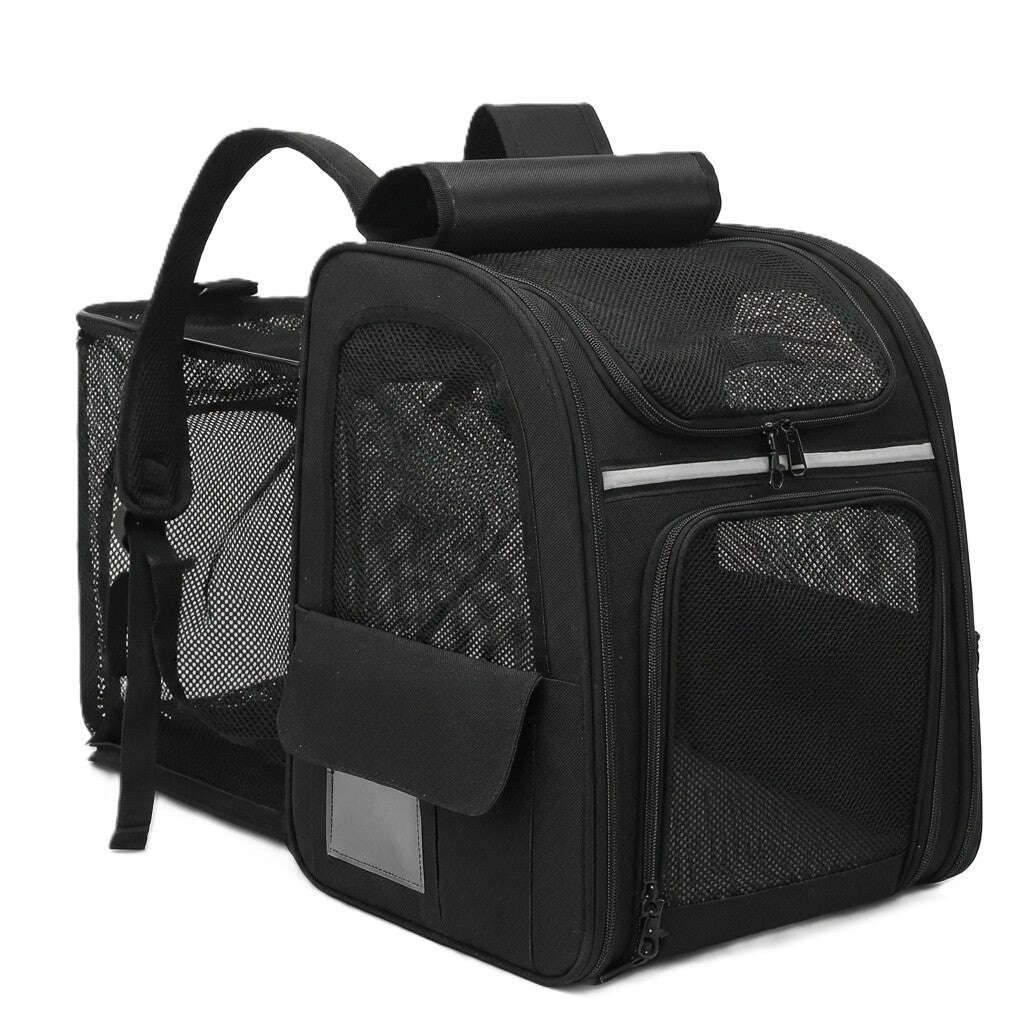 Sac à dos de transport noir pour chat, panneaux en filet, bande réfléchissante et extension latérale déployée