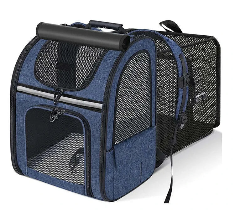 Sac de transport bleu marine pour chat en sac à dos, extension en filet déployée, entrée frontale ouverte
