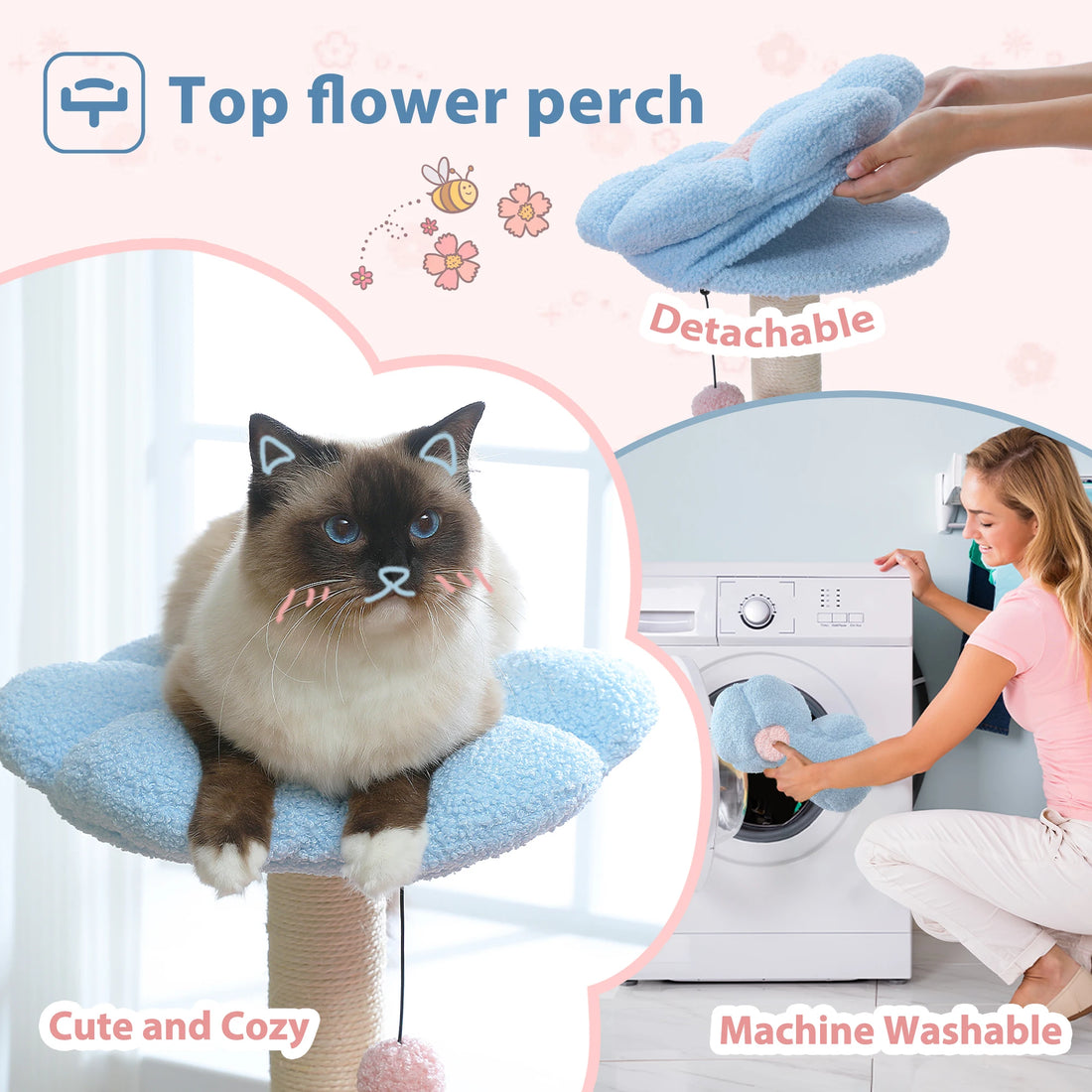 Plateau fleur bleu détachable de l'arbre à chat, lavable en machine, avec un ragdoll allongé dessus