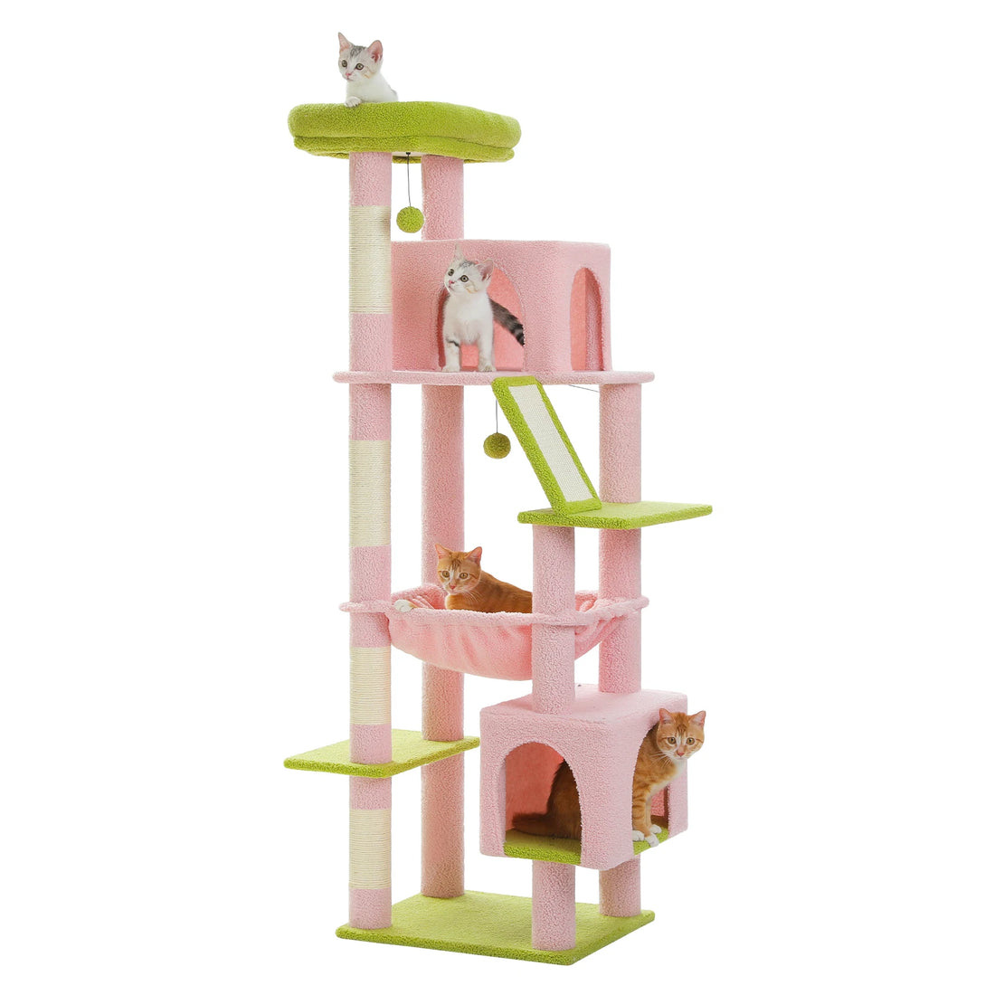 Arbre à chat rose et vert anis vu de trois quarts sur fond blanc, avec deux chatons en haut et deux chats roux en bas