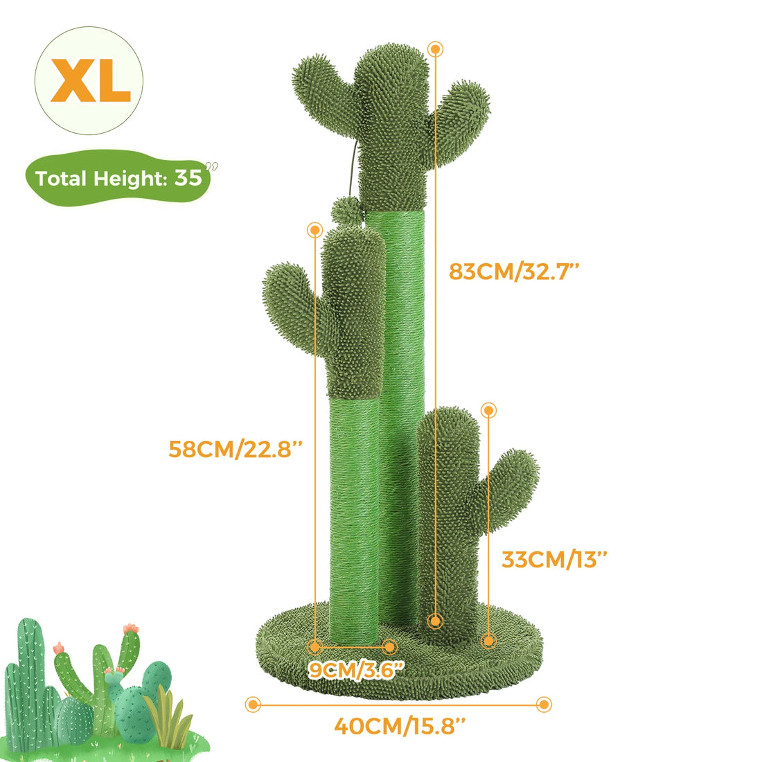 Dimensions du griffoir cactus en version verte : 83, 58 et 33 cm de haut, socle de 40 cm, poteau de 9 cm