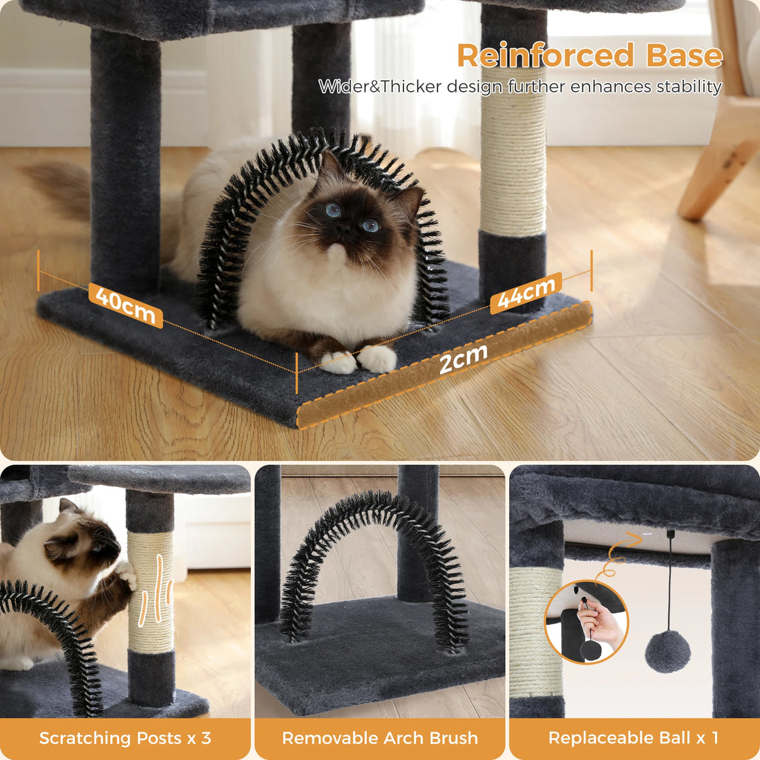 Base renforcée de l'arbre à chat, 40 × 44 cm, épaisseur 2 cm, avec un ragdoll sous l'arche brosse amovible et le pompon