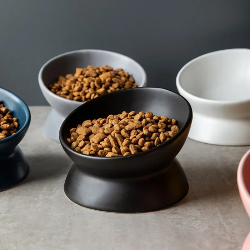 Close-up of the black cat bowl filled with kibble, gray bowl visible in the background