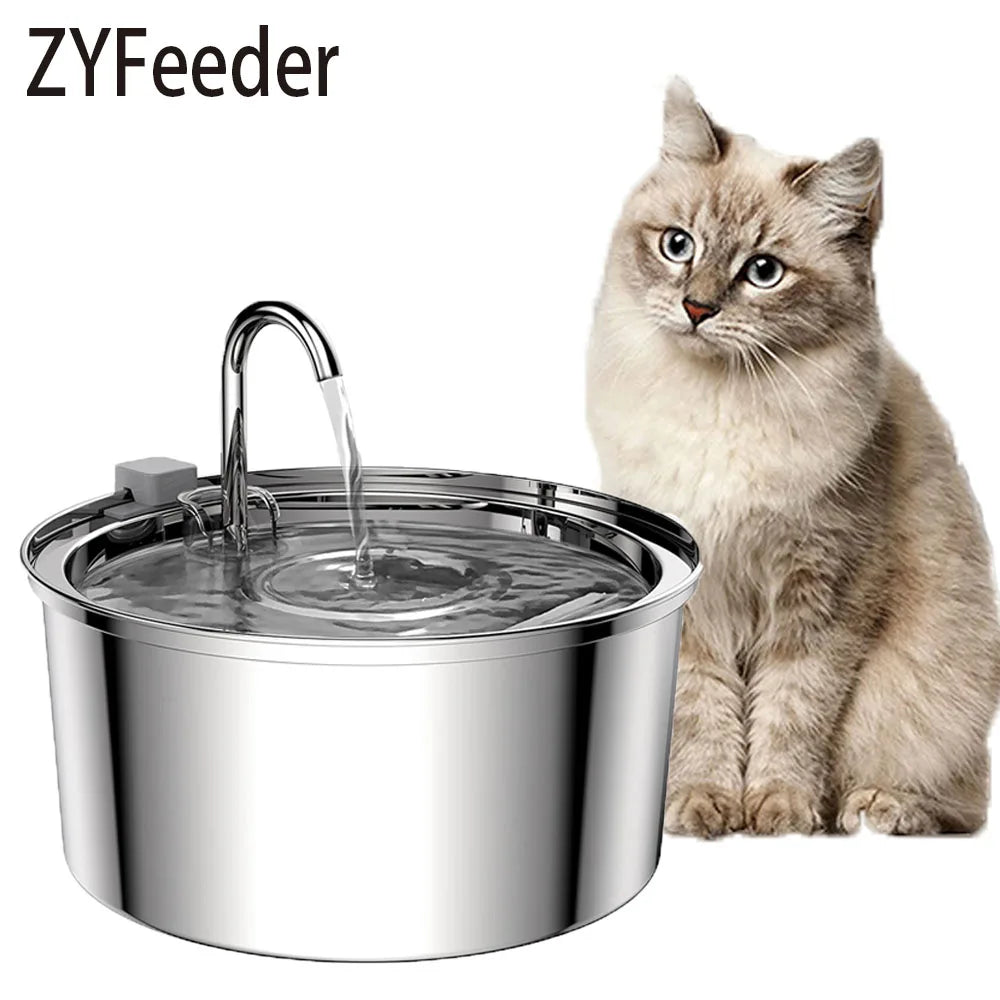 Chat blanc et beige assis à côté d'une fontaine à eau inox dont l'eau coule du robinet