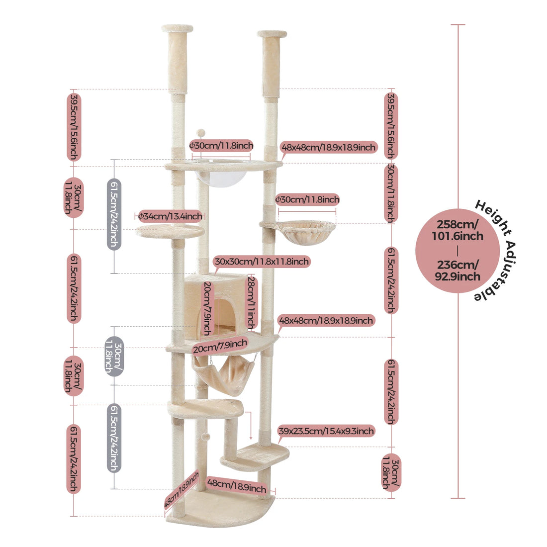 Schéma coté de la tour à chat beige : bulle de 30 cm, panier de 30 cm, plateforme de 34 cm
