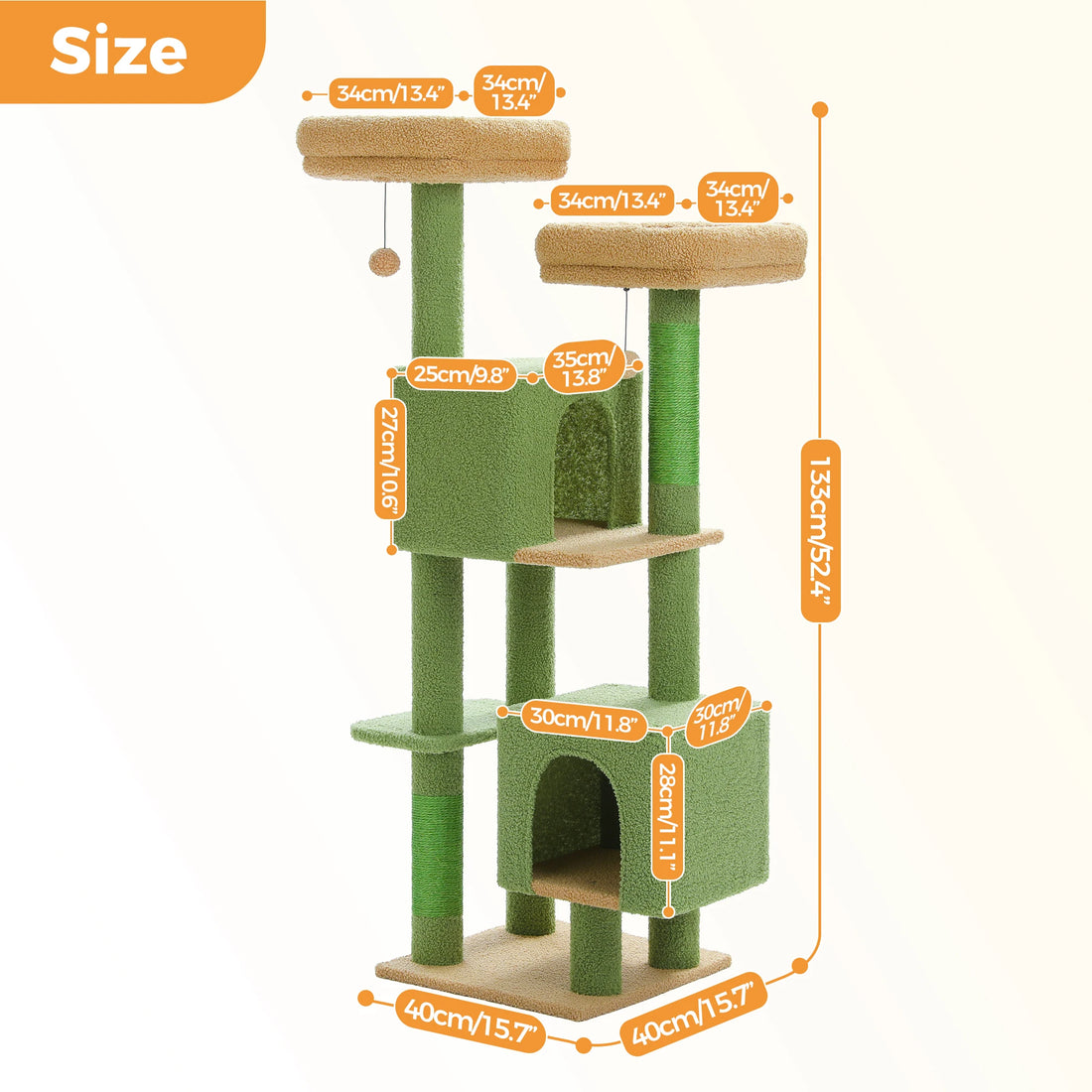 Schéma des dimensions de l'arbre à chat vert : 133 cm de haut, base 40 × 40 cm, plateaux 34 cm