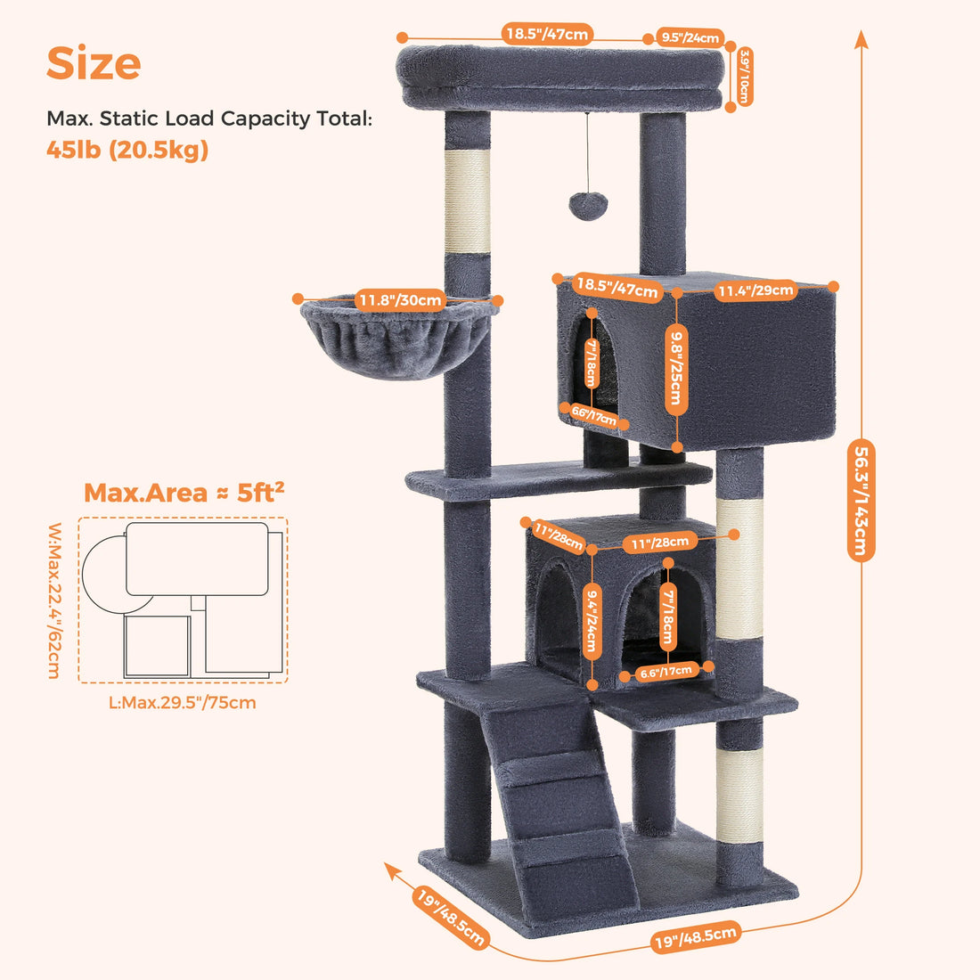Schéma coté de l'arbre à chat gris foncé de 143 cm : plateau 47 × 24 cm, niches, base 48,5 cm et charge de 20,5 kg