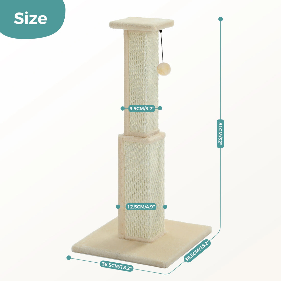 Schéma coté d'un griffoir crème à deux colonnes : 81 cm de haut, socle de 38,5 cm de côté, colonnes 9,5 et 12,5 cm