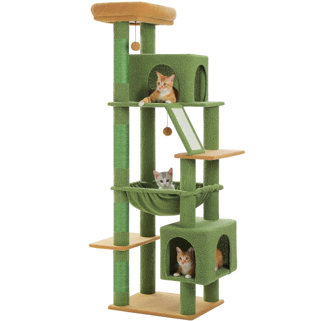 Arbre à chat vert et moutarde vu de côté, chat roux en haut, chaton gris dans le hamac