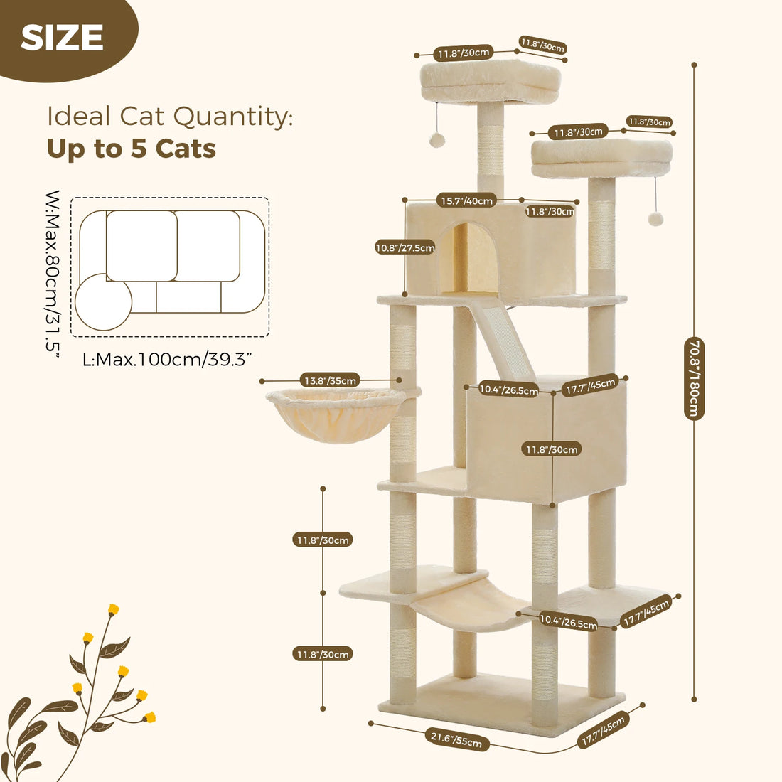 Schéma des cotes du meuble griffoir beige : 180 cm de hauteur, base 55 × 45 cm, plateaux 30 × 30 cm, hamac 45 × 26