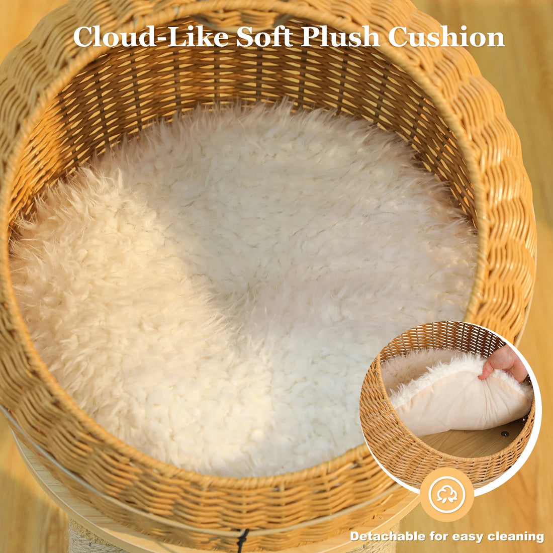 Coussin moelleux blanc amovible au fond du nid en rotin, que l'on retire facilement pour le laver