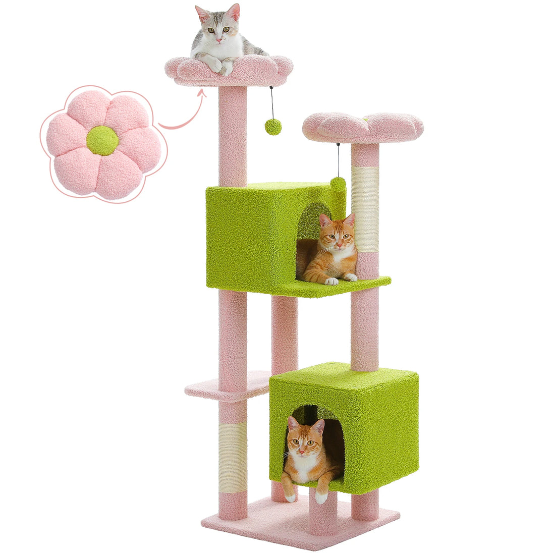 Arbre à chat rose à niches vertes sur fond blanc, avec trois chats et une vignette de la fleur rose au centre vert