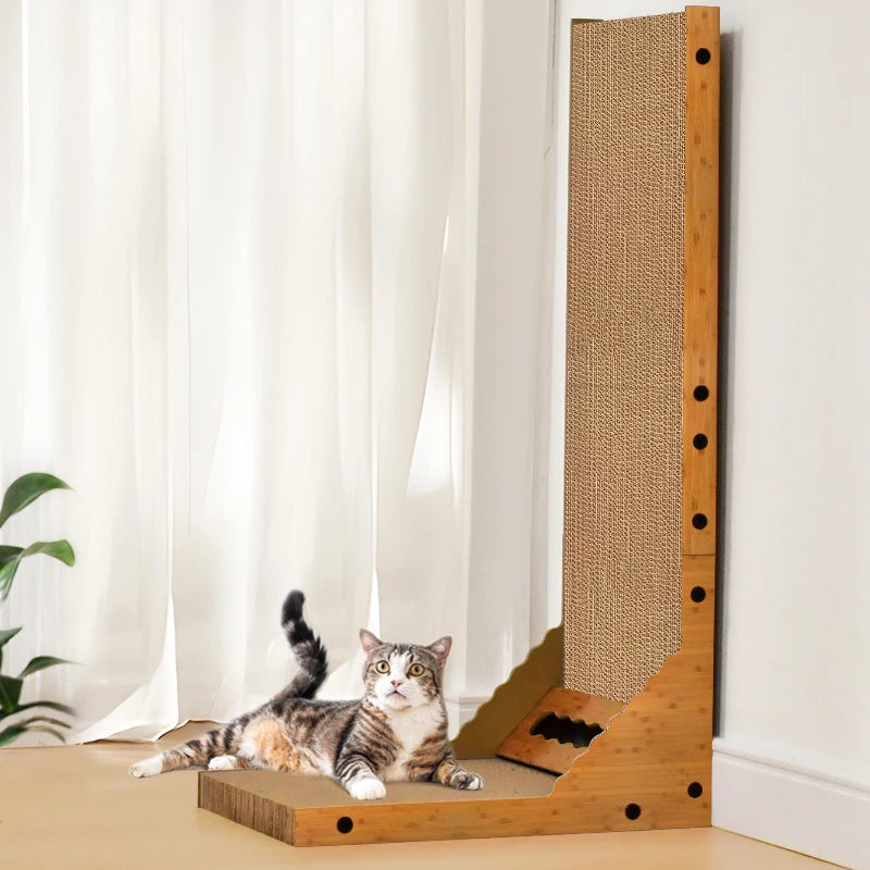 Cat lying at the base of the L-shaped vertical scratching post