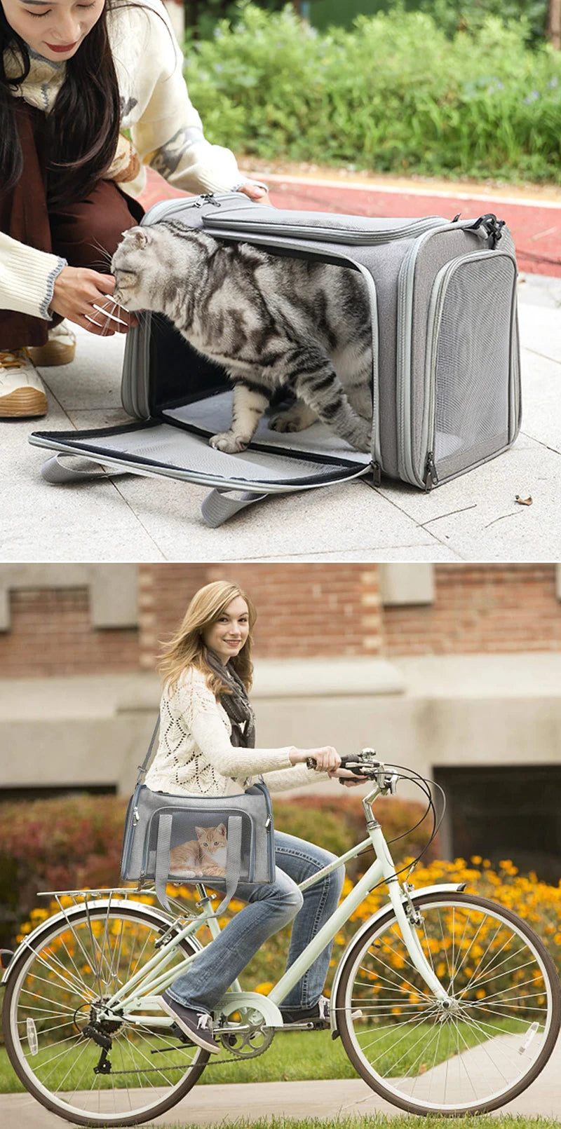 Femme à vélo portant en bandoulière un sac de transport gris avec un chat roux visible à travers le filet