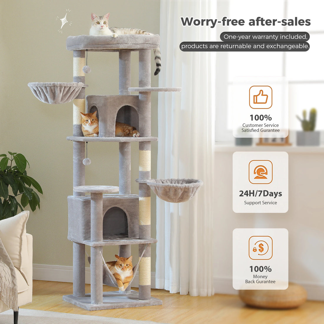 Arbre à chat gris avec chats dans la niche et le hamac, et pictos garantie un an, support 24h/7j
