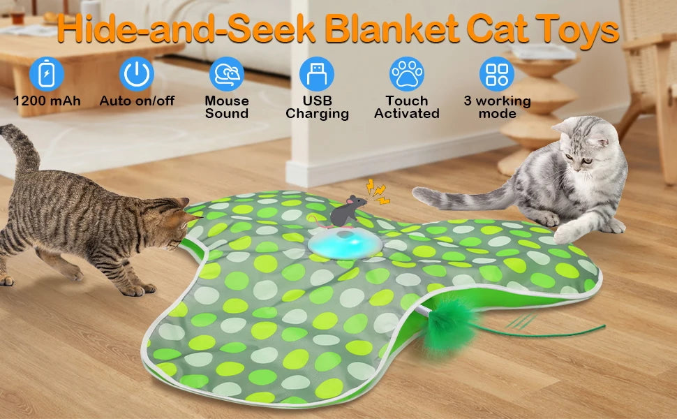 Deux chats devant une couverture de jeu verte à pois, avec icônes : batterie 1200 mAh, USB, activation au toucher