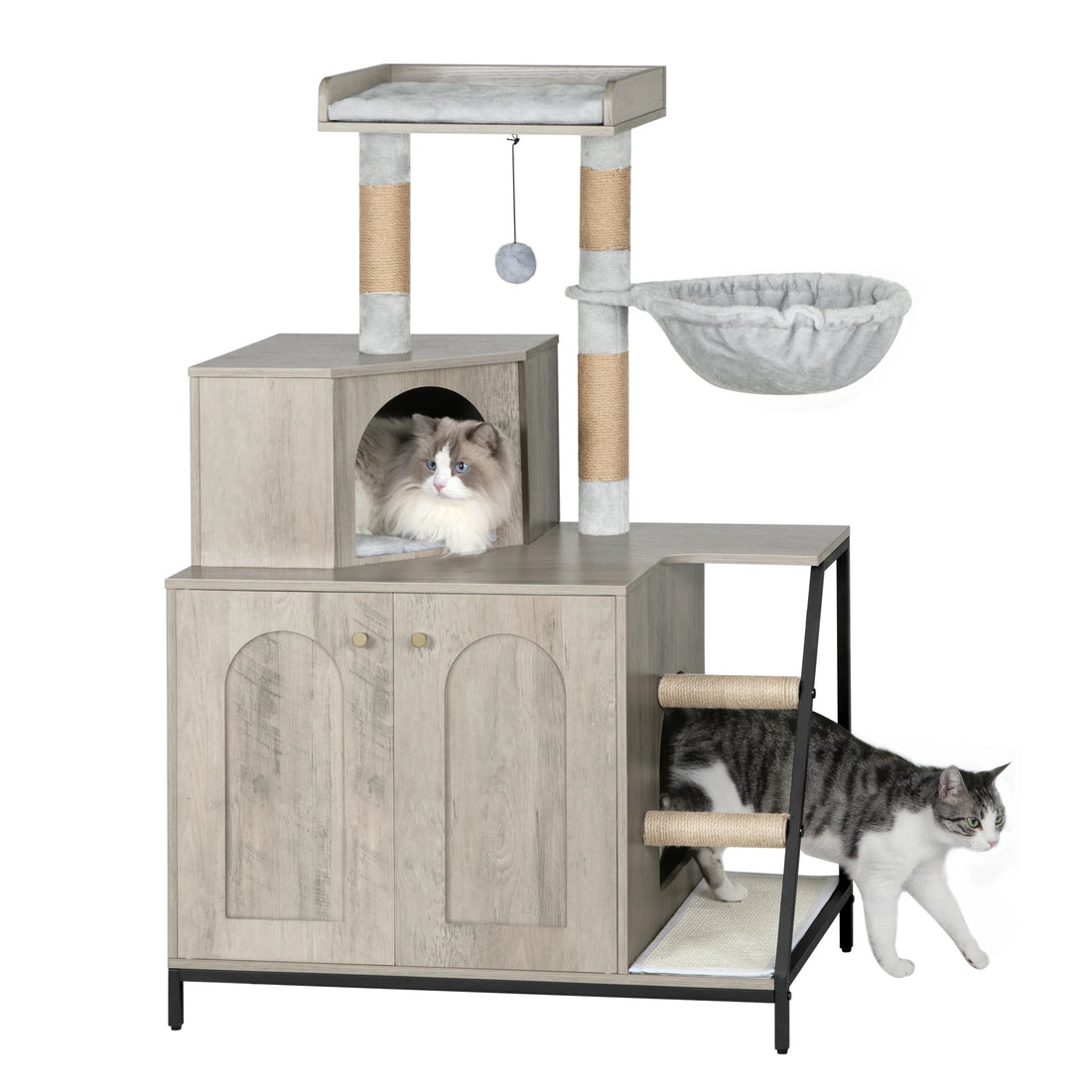 Arbre à chat gris sur fond blanc, chat ragdoll dans la niche et chat tigré sortant du compartiment litière