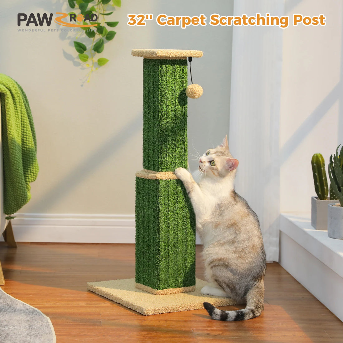 Griffoir vert à deux niveaux avec plateau beige et pompon, chat tigré clair dressé contre lui près d'une plante